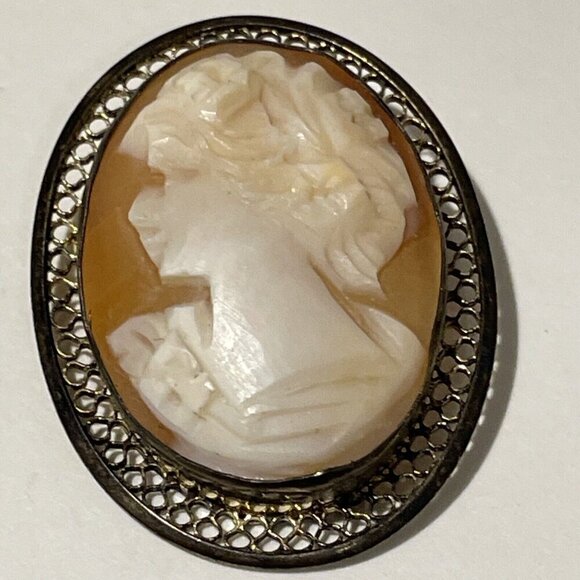 VINTAGE 1950s BEAU STERLING  CARVED SHELL MAIDEN LADY CAMEO PIN BROOCH PENDANT - Picture 2 of 6